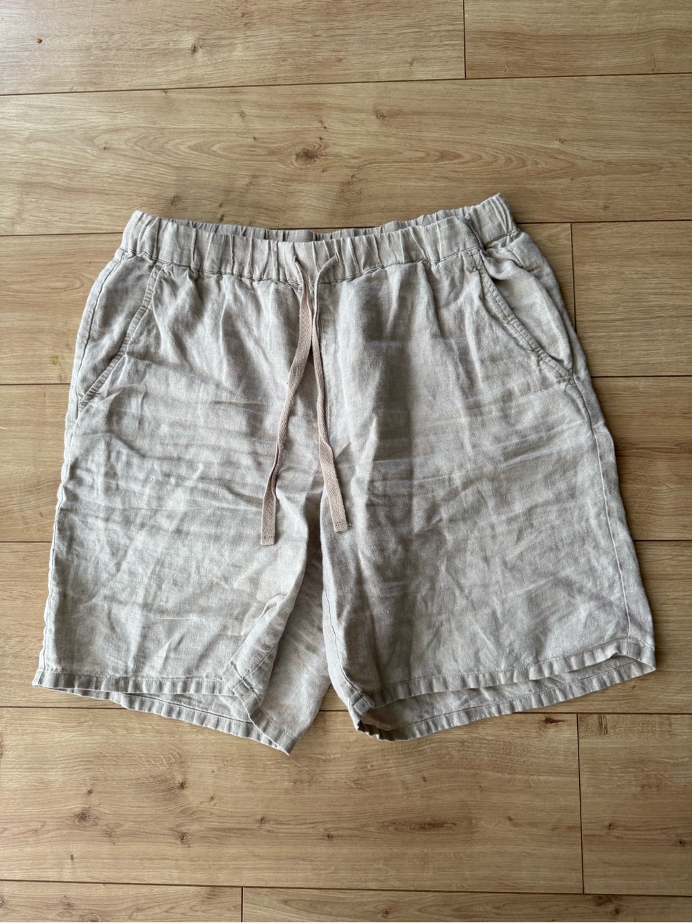 Eileen Fisher Organic Linen Bermuda Shorts Beige Pull On Drawstring Size Small